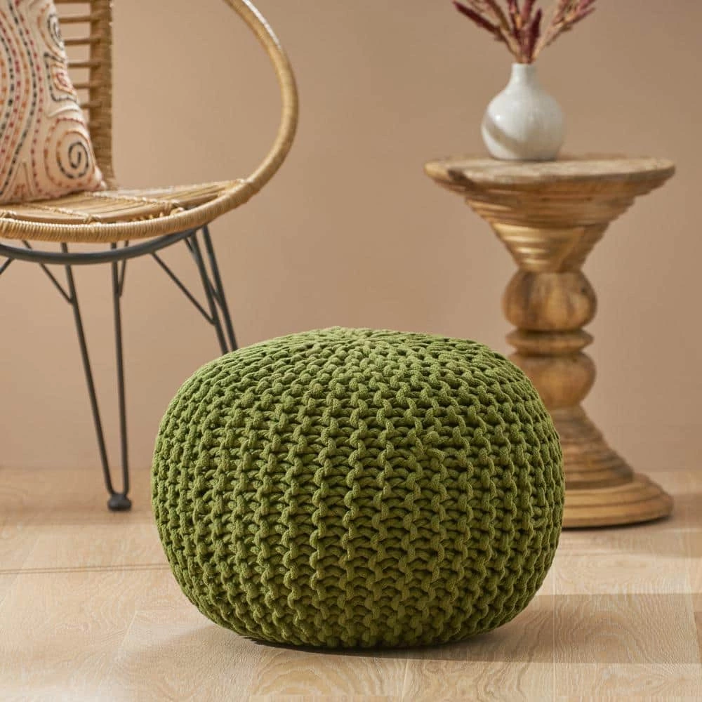 Yantic Cedar Green Knitted Cotton Round Pouf by Noble House - Image 8