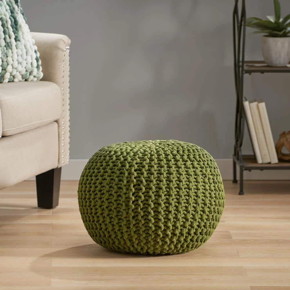 Yantic Cedar Green Knitted Cotton Round Pouf by Noble House - Image 7