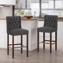 Bayliss 44.25 in. Charcoal High Back Wood Bar Height Foot Rest Bar Stool with Fabric Seat (Set of 2) by Noble House