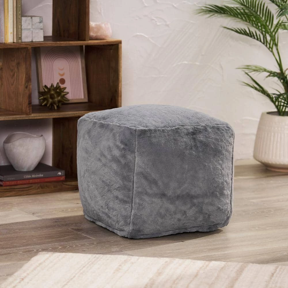 Loubar Charcoal Faux Fur Cube Pouf by Noble House - Image 2
