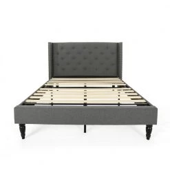 Roz Traditional Queen-Size Charcoal Fully Upholstered Bed Frame with Button Tufting and Nailhead Accents by Noble House