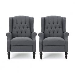 Walter Brown, Charcoal and Dark Brown Wingback Tufted Recliner (Set of 2) by Noble House