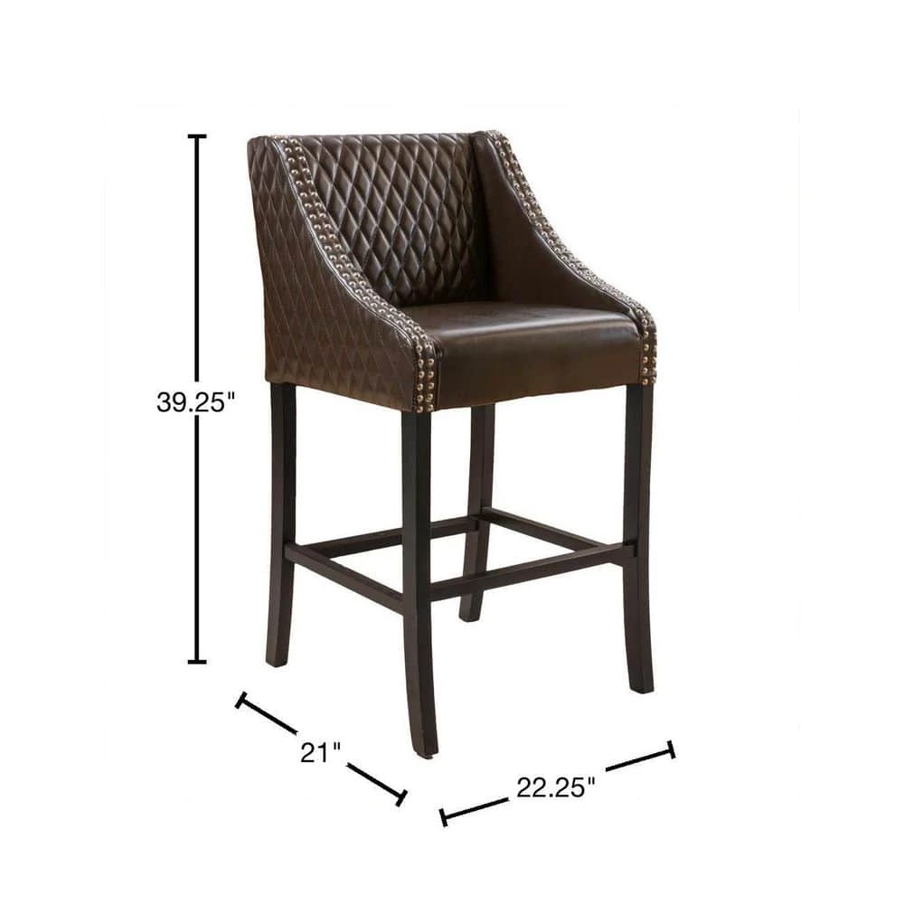 Milano 39.25 in. Brown Leather Quilted Bonded Bar Stool by Noble House - Image 3
