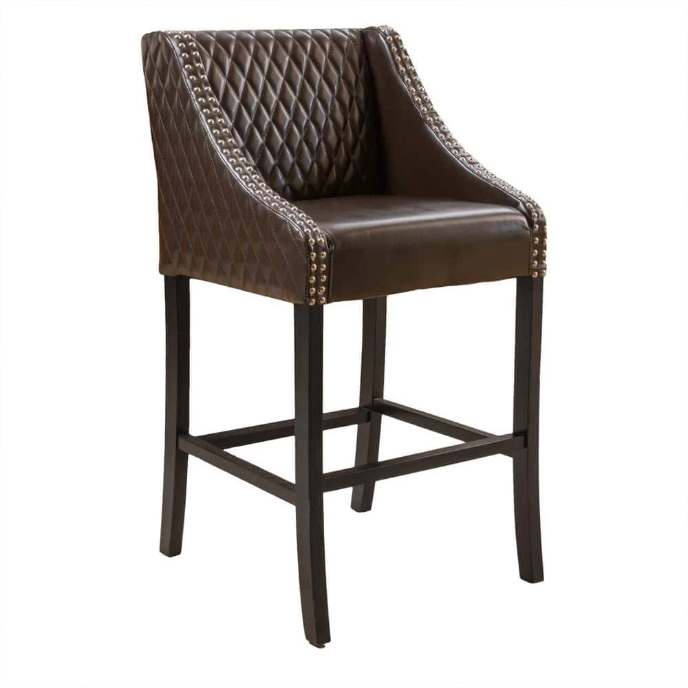 Milano 39.25 in. Brown Leather Quilted Bonded Bar Stool by Noble House