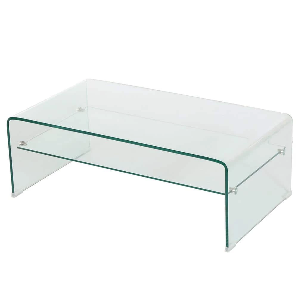 40 in. Clear Medium Rectangle Glass Coffee Table with Shelf by Noble House