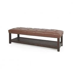 Wichita Cognac Brown and Walnut Bench with Shelf (18.25 in. H x 60.25 in. W 19.50 in. D) by Noble House