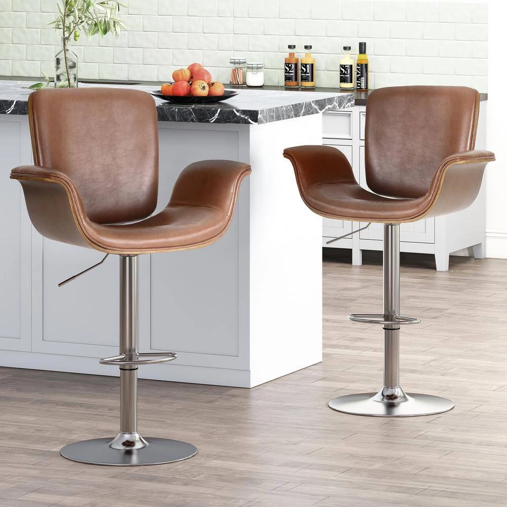 Mendon 39.75 in. Cognac Brown and Silver Bentwood Adjustable Swivel Barstools (Set of 2) by Noble House - Image 11