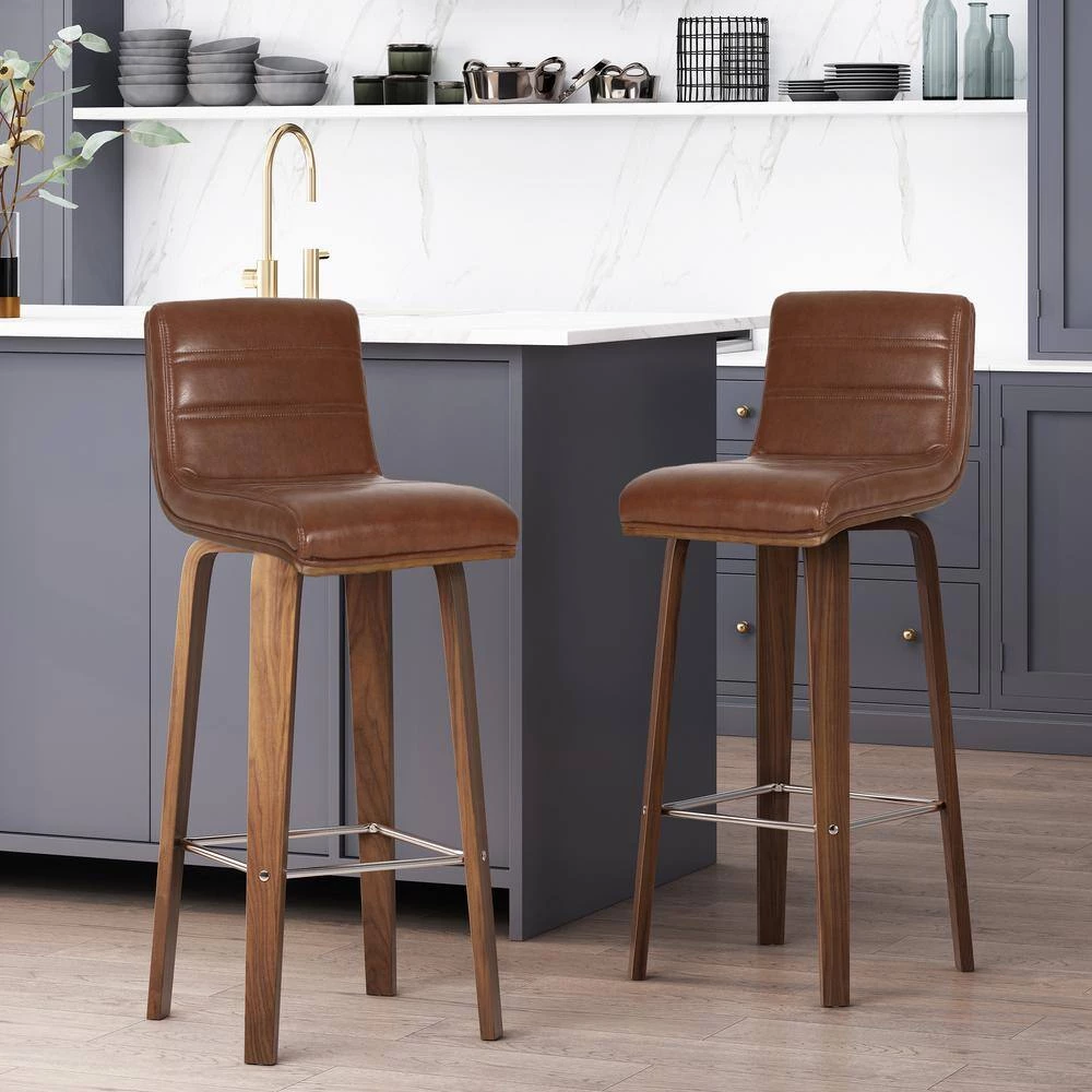 Holdaway 41.00-49.00 in. Cognac Brown and Walnut Channel Stitch Bentwood Swivel Barstools (Set of 2) by Noble House - Image 11