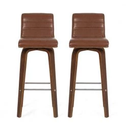 Holdaway 41.00-49.00 in. Cognac Brown and Walnut Channel Stitch Bentwood Swivel Barstools (Set of 2) by Noble House