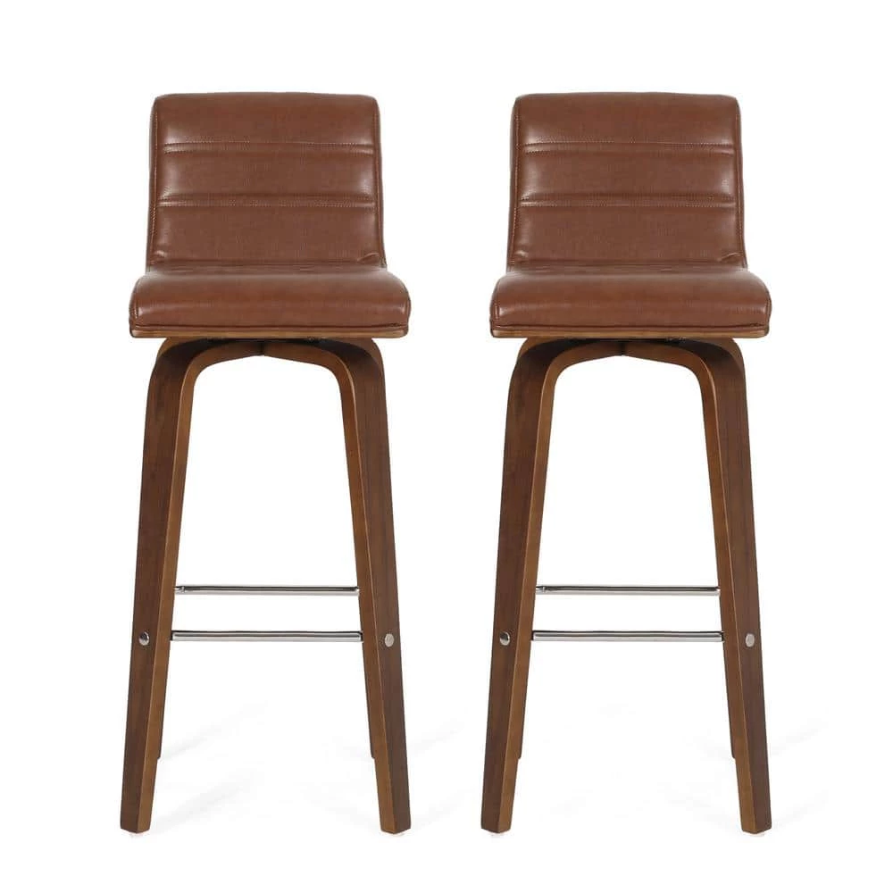 Holdaway 41.00-49.00 in. Cognac Brown and Walnut Channel Stitch Bentwood Swivel Barstools (Set of 2) by Noble House