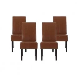 Braydon Cognac Brown Faux Leather T-Stitch Dining Chair (Set of 4) by Noble House