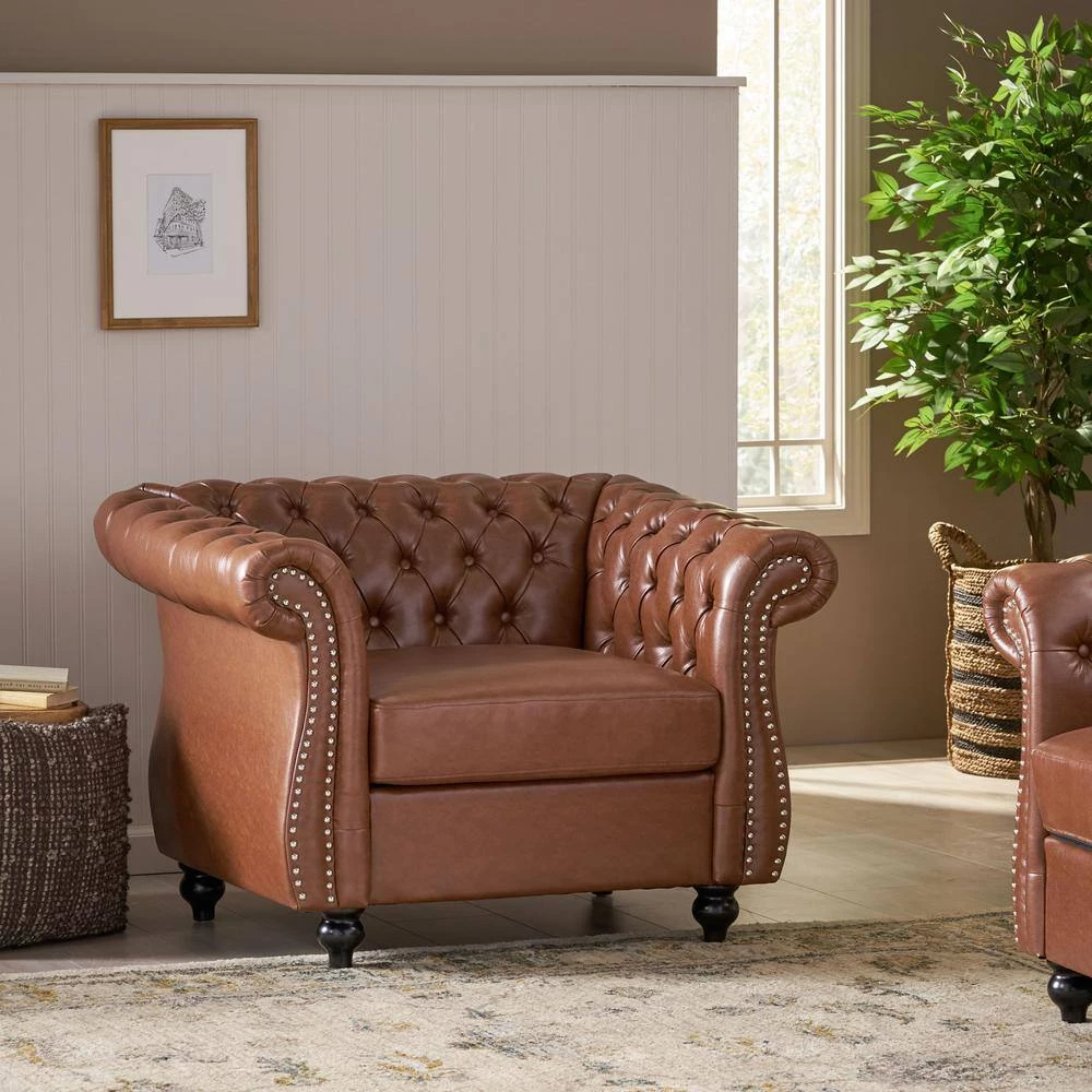 Silverdale Cognac Brown Faux Leather Nailhead Trim Club Chair by Noble House - Image 10