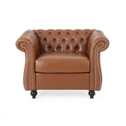 Silverdale Cognac Brown Faux Leather Nailhead Trim Club Chair by Noble House