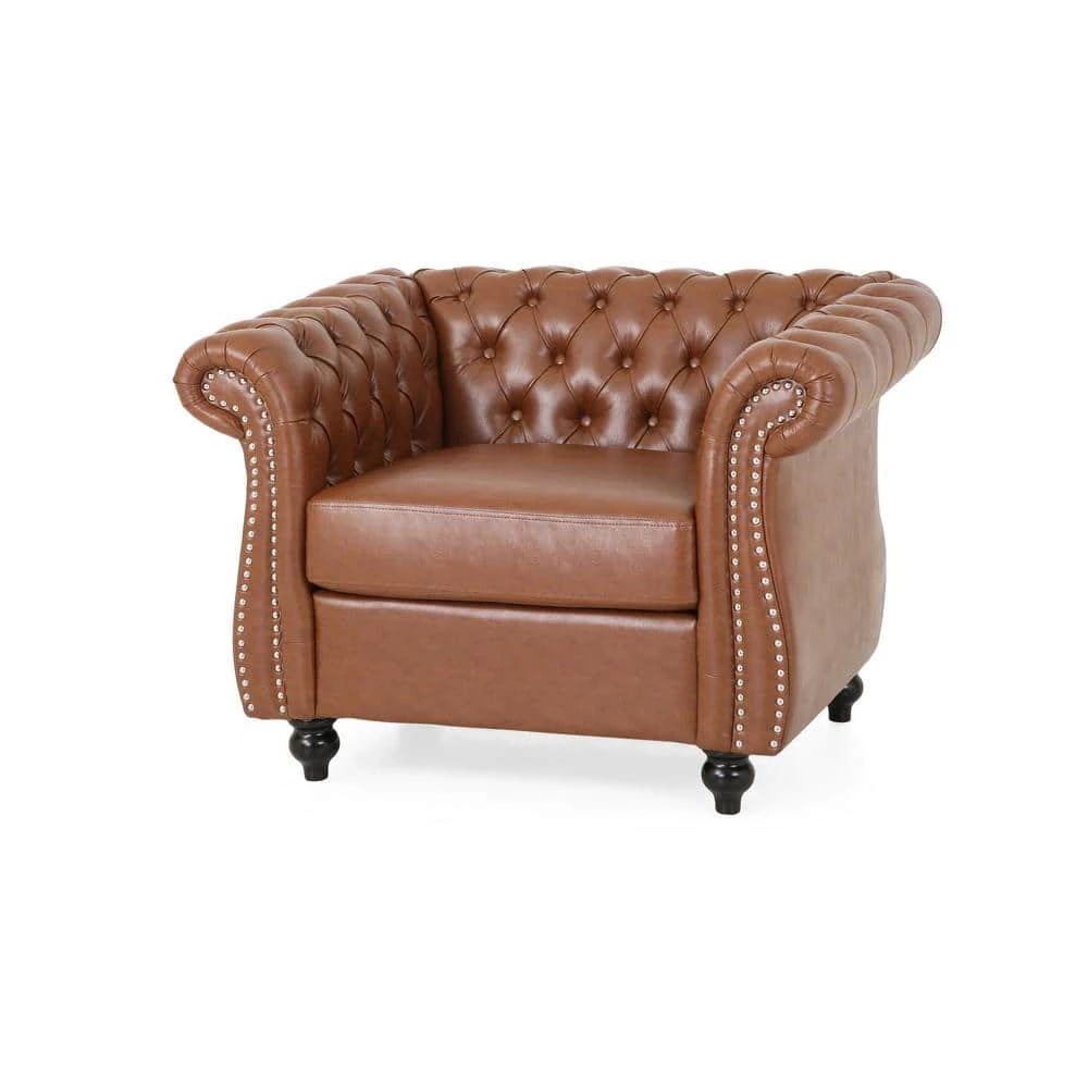 Silverdale Cognac Brown Faux Leather Nailhead Trim Club Chair by Noble House - Image 4
