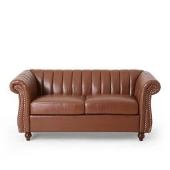 Glenmont 61.75 in. W Cognac Brown and Espresso Contemporary Channel Stitch 2-Seat Loveseat with Nailhead Trim by Noble House
