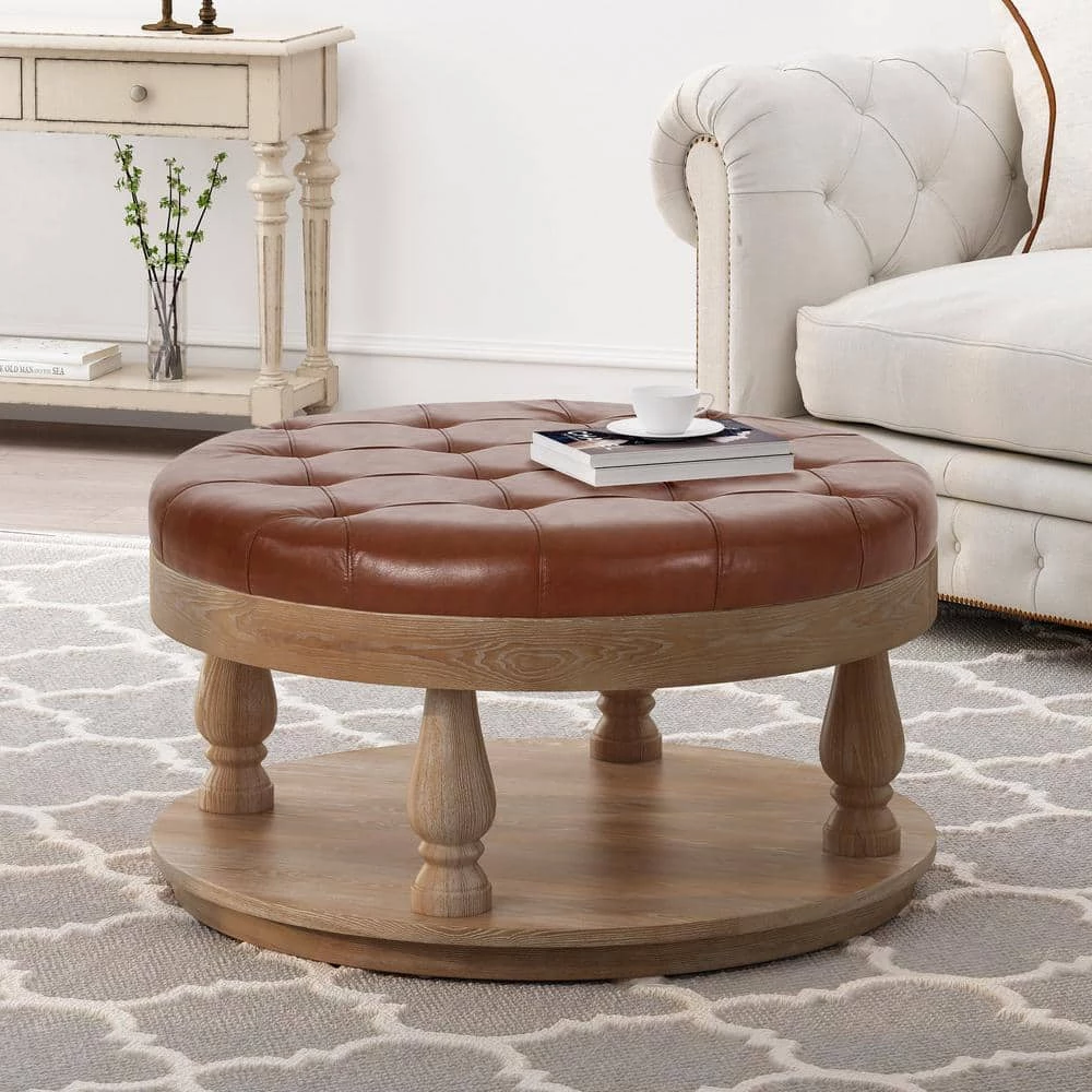 Grolsch Cognac Brown Tufted Ottoman by Noble House - Image 10