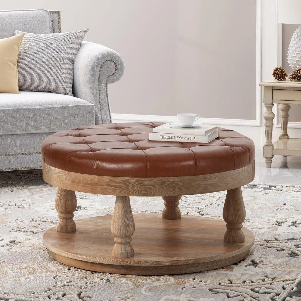Grolsch Cognac Brown Tufted Ottoman by Noble House - Image 3
