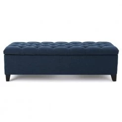 Dark Blue Tufted Fabric Storage Bench by Noble House