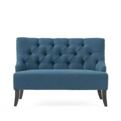 Nicole 29.3 in. Dark Blue Tufted Polyester 2-Seater Loveseat by Noble House
