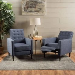 Mervynn Modern Dark Blue Polyester Club Chair Recliners (Set of 2) by Noble House