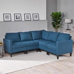 5-Piece Dark Blue Polyester 4-Seater L-Shaped Sectional Sofa with Wood Legs by Noble House