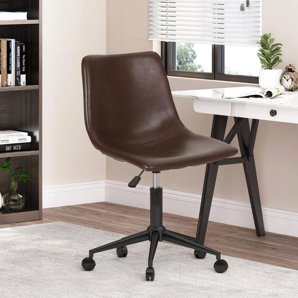 Wibaux Dark Brown and Matte Black Upholstery Swivel Office Chair by Noble House - Image 11
