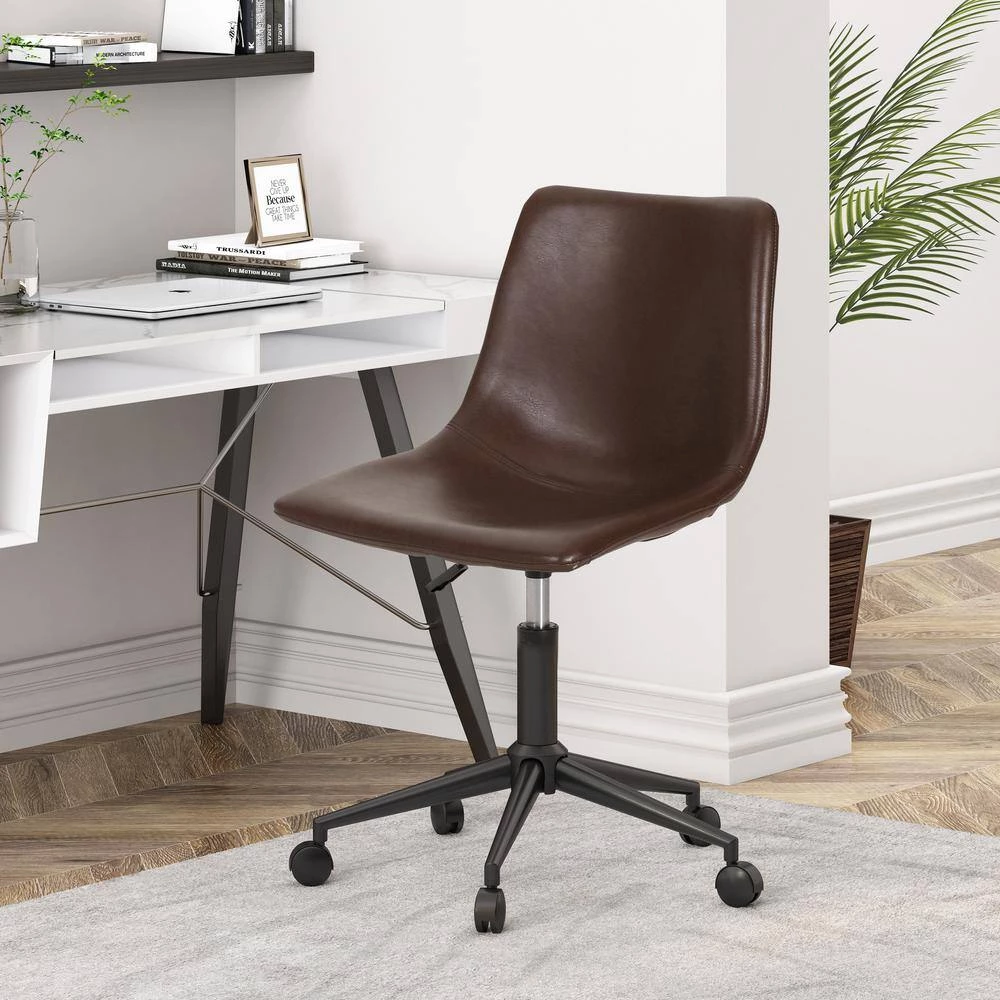 Wibaux Dark Brown and Matte Black Upholstery Swivel Office Chair by Noble House - Image 6