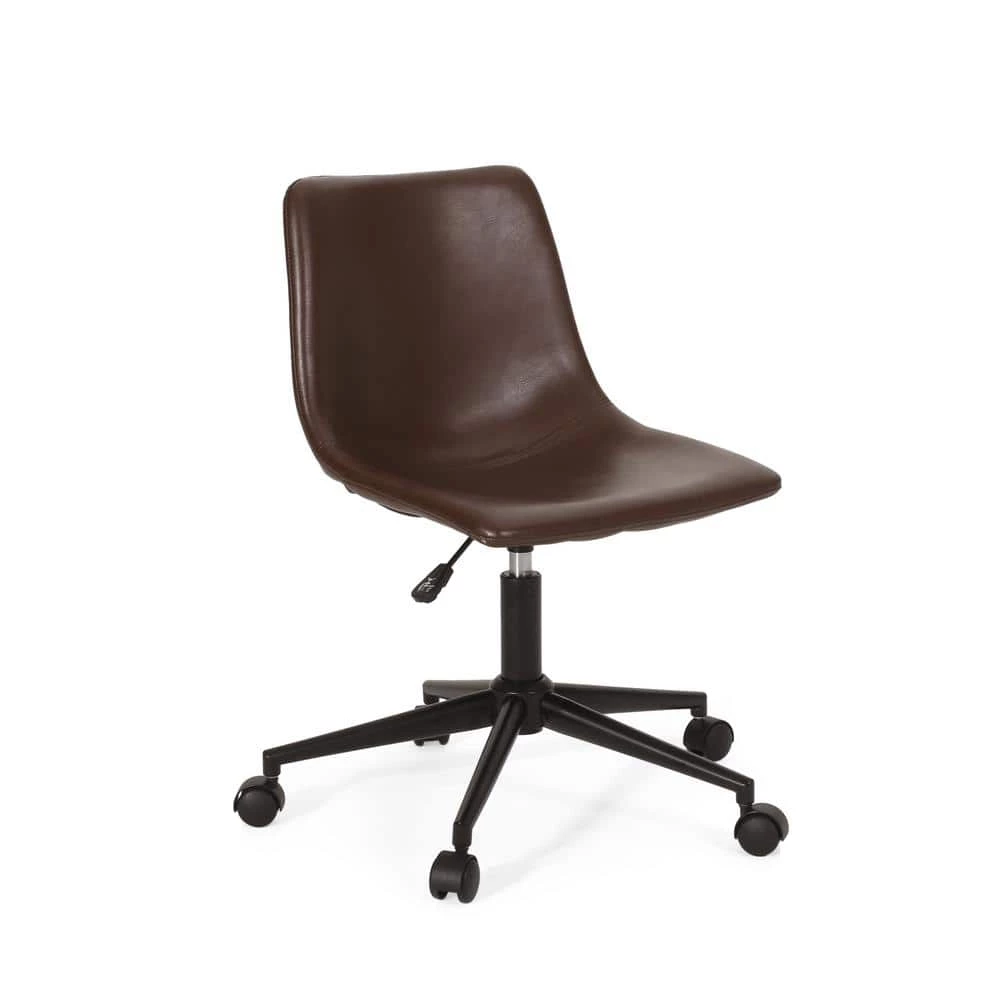 Wibaux Dark Brown and Matte Black Upholstery Swivel Office Chair by Noble House