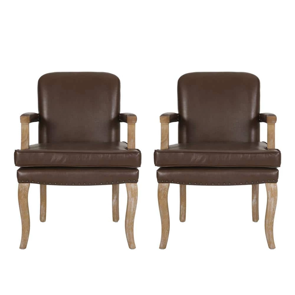 Ardson Dark Brown and Natural Faux Leather Dining Arm Chairs (Set of 2) by Noble House