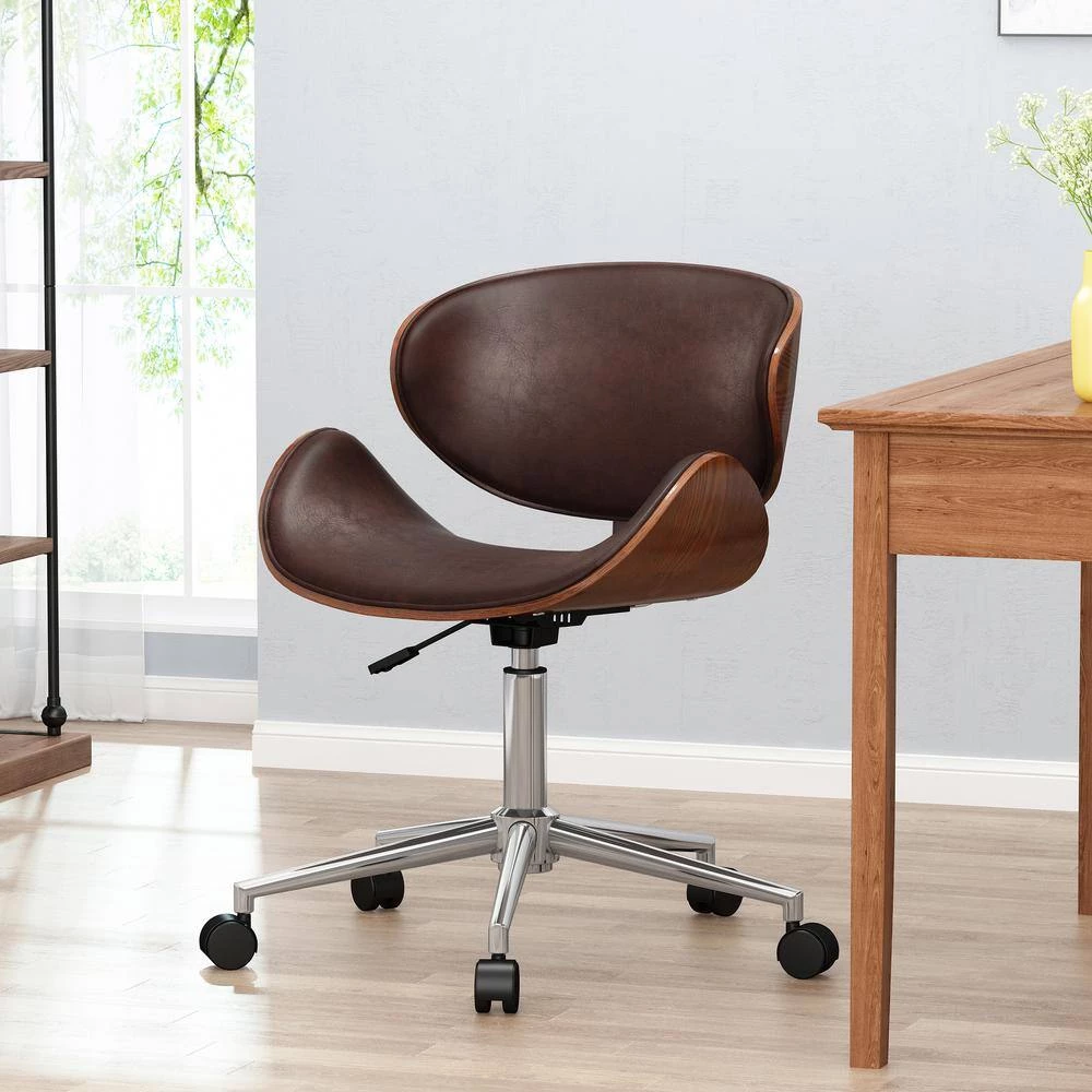 Trion Dark Brown and Walnut Faux Leather Swivel Task Chairs by Noble House - Image 10
