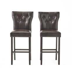 Cadwallader 30.75 in. Brown Tufted Leather Bar Stool (Set of 2) by Noble House