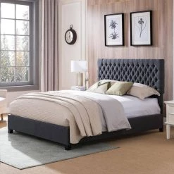 Scout Queen-Size Tufted Dark Gray Fabric and Wood Bed Frame by Noble House