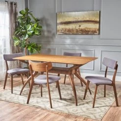 Nissie 5-Piece Dark Grey and Natural Walnut Wood Dining Set by Noble House