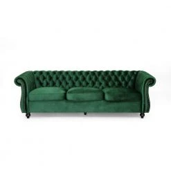Sommerville Emerald Velvet 3-Seater Chesterfield Sofa with Flared Arms by Noble House