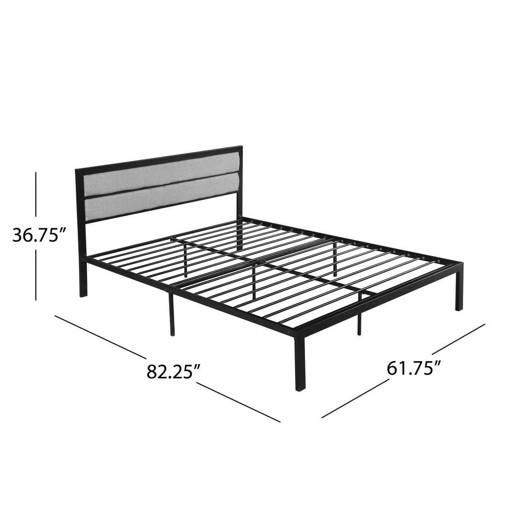 Monarda Contemporary Modern Queen-Size Flat Black Iron Bed Frame with Gray Fabric Accents by Noble House - Image 9