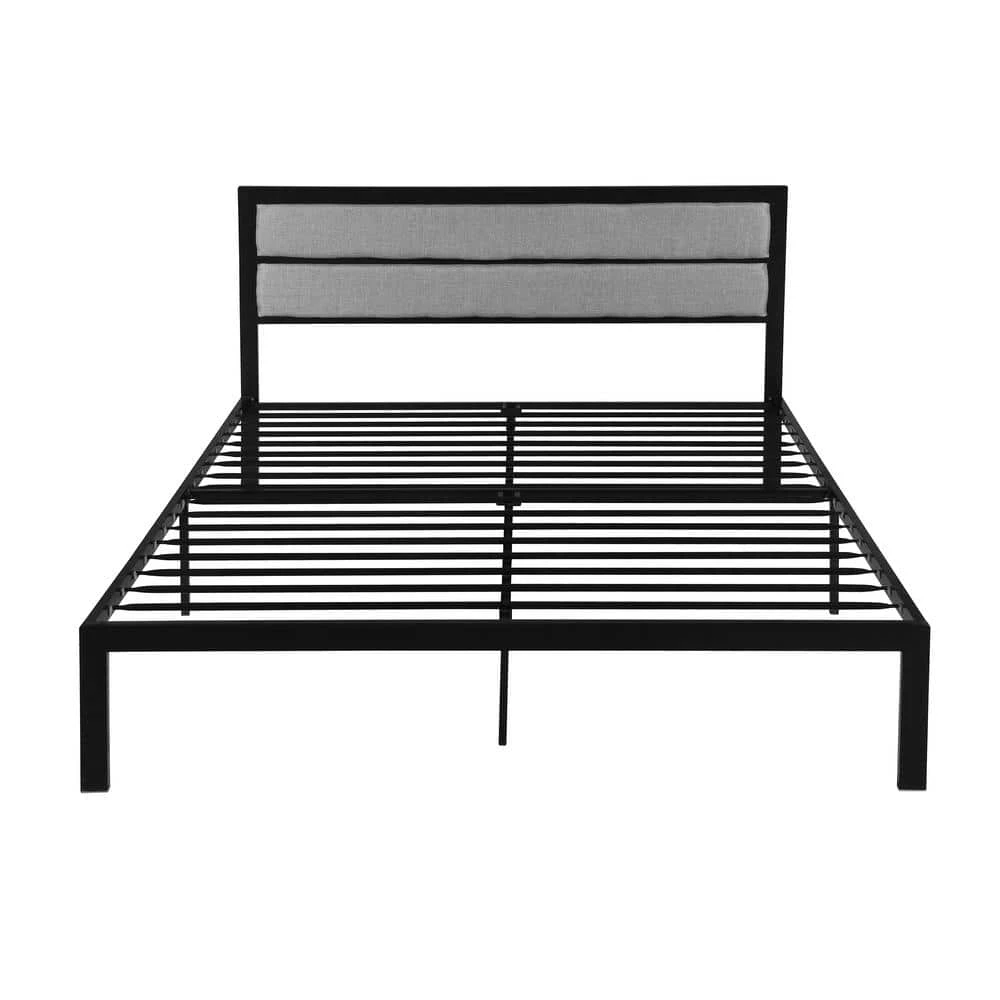 Monarda Contemporary Modern Queen-Size Flat Black Iron Bed Frame with Gray Fabric Accents by Noble House