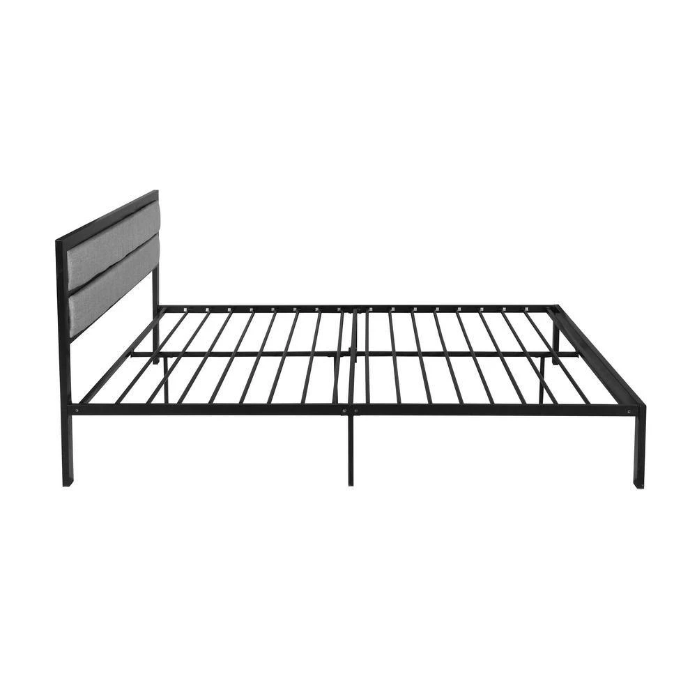 Monarda Contemporary Modern Queen-Size Flat Black Iron Bed Frame with Gray Fabric Accents by Noble House - Image 3