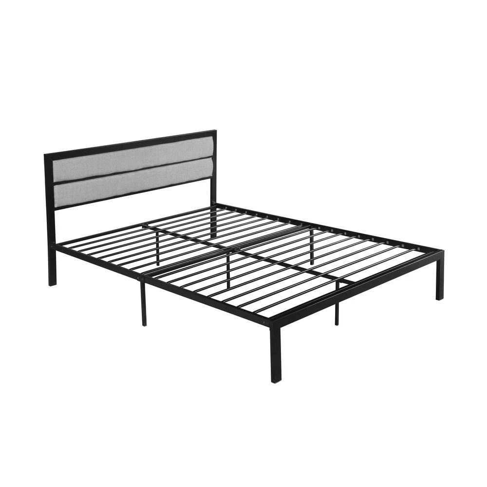 Monarda Contemporary Modern Queen-Size Flat Black Iron Bed Frame with Gray Fabric Accents by Noble House - Image 6