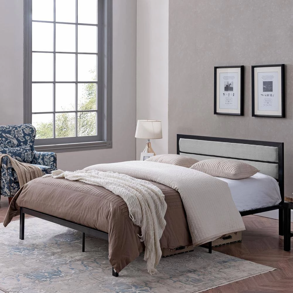 Monarda Contemporary Modern Queen-Size Flat Black Iron Bed Frame with Gray Fabric Accents by Noble House - Image 2