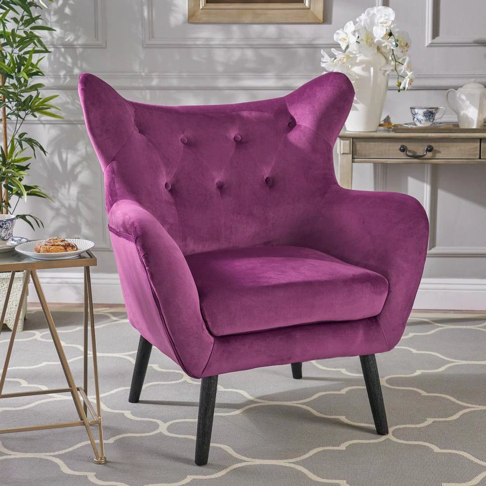 Seigfried Fuchsia New Velvet Tufted Arm Chair by Noble House - Image 10