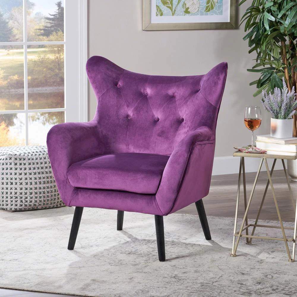 Seigfried Fuchsia New Velvet Tufted Arm Chair by Noble House - Image 7