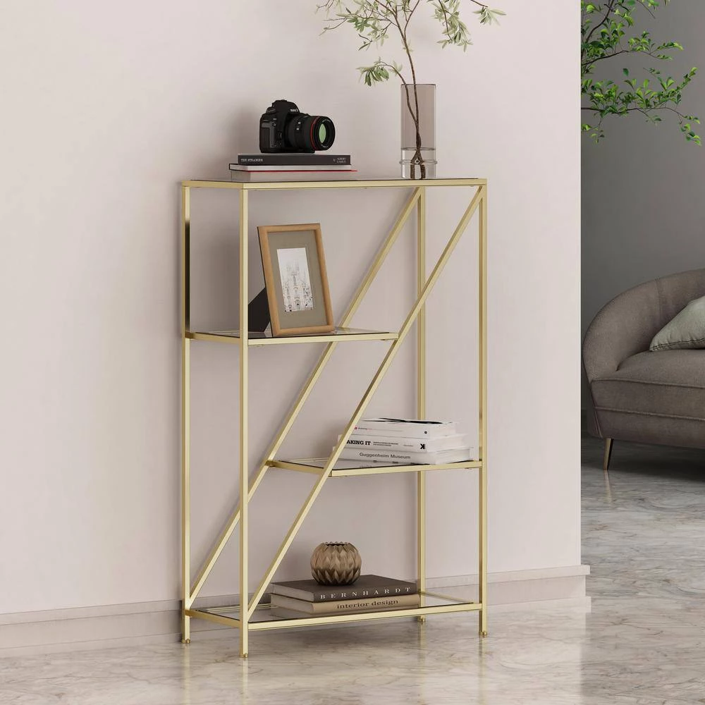 Depue 40 in. Gold Tempered Glass 3 Shelf Asymmetrical Bookcase by Noble House - Image 7