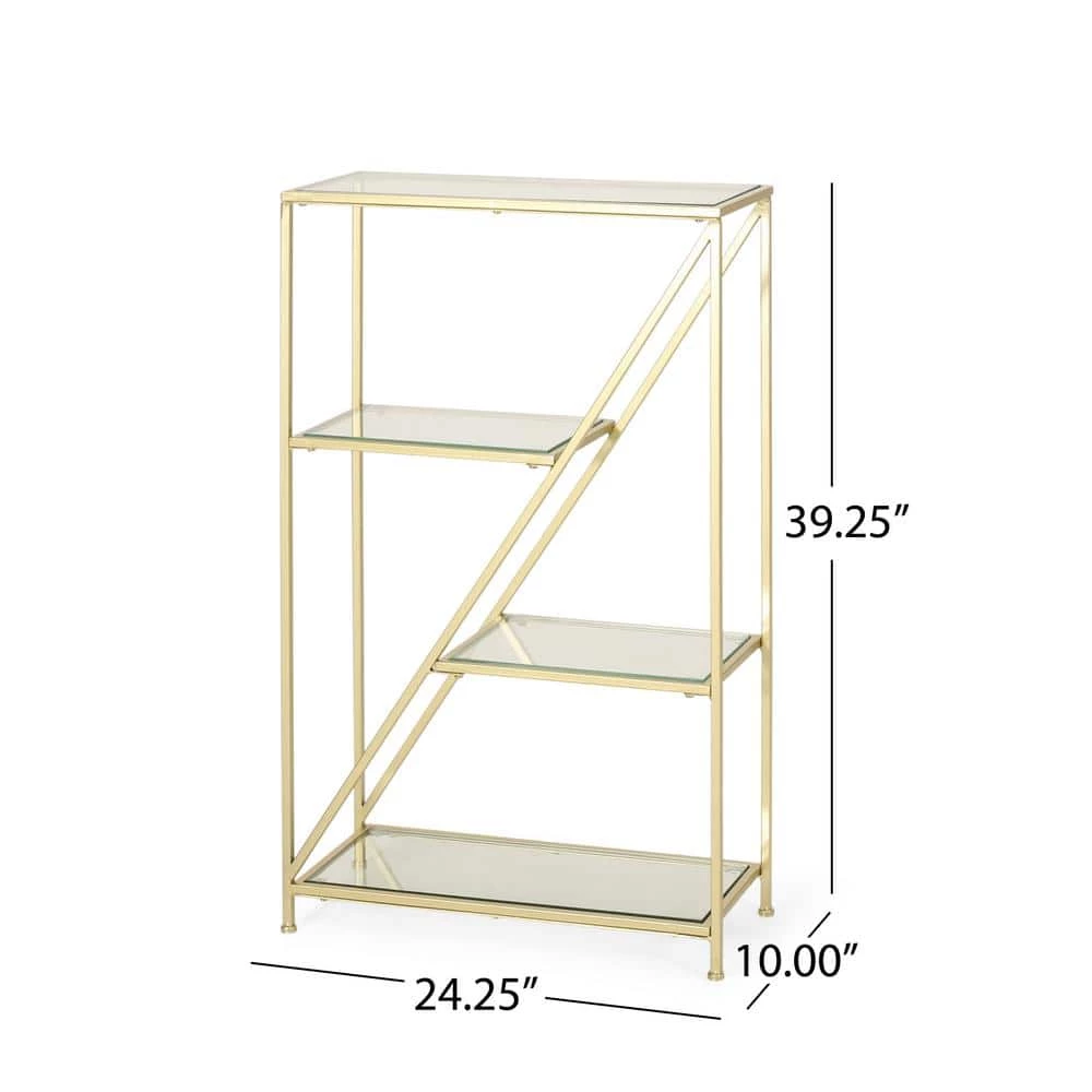 Depue 40 in. Gold Tempered Glass 3 Shelf Asymmetrical Bookcase by Noble House - Image 4