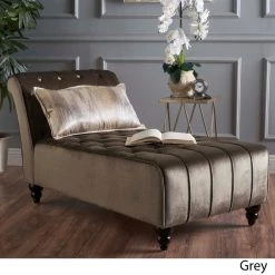 Gray New Velvet Tufted Chaise Lounge by Noble House