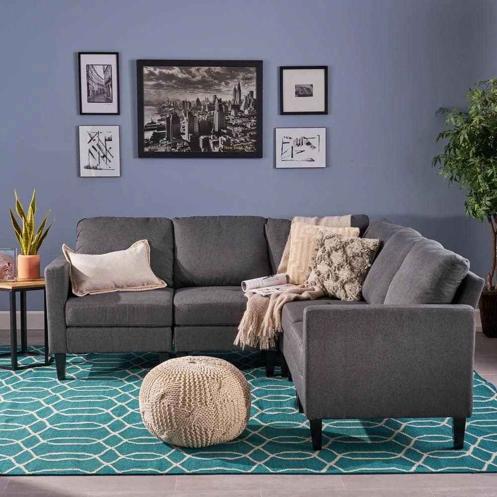 Gray Fabric 5-Seater L-Shaped Sectional Sofa with Wood Legs by Noble House - Image 3