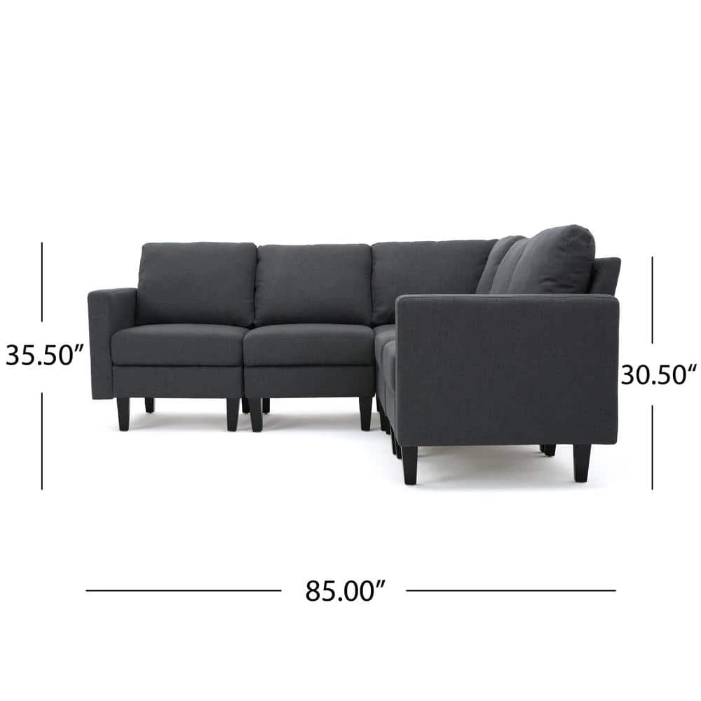 Gray Fabric 5-Seater L-Shaped Sectional Sofa with Wood Legs by Noble House - Image 7