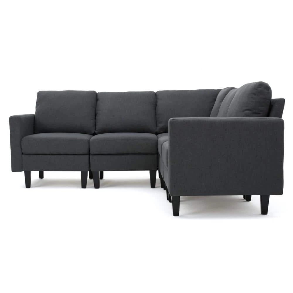 Gray Fabric 5-Seater L-Shaped Sectional Sofa with Wood Legs by Noble House - Image 2