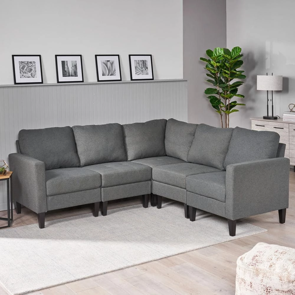 Gray Fabric 5-Seater L-Shaped Sectional Sofa with Wood Legs by Noble House - Image 11