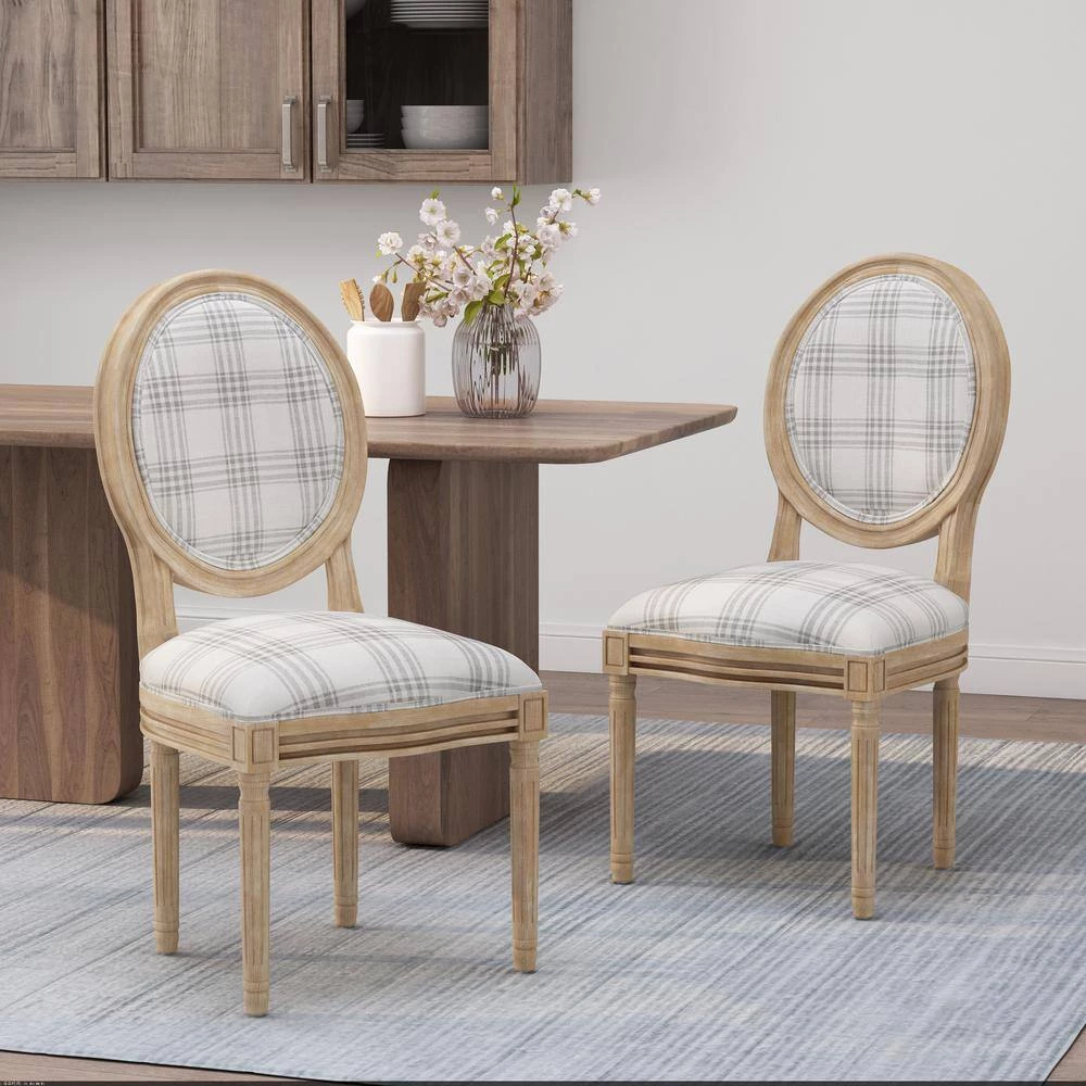 Karter Gray Plaid and Light Beige Upholstered Dining Chair (Set of 2) by Noble House - Image 11