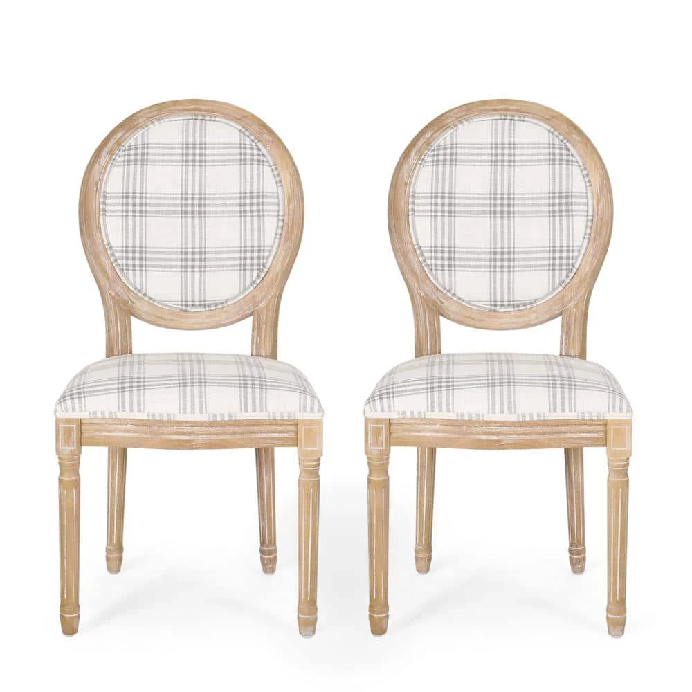 Karter Gray Plaid and Light Beige Upholstered Dining Chair (Set of 2) by Noble House